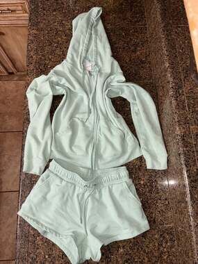 Auden Mint Green Fleece Zip-Up Hoodie and Drawstring Shorts Lounge Set XS
